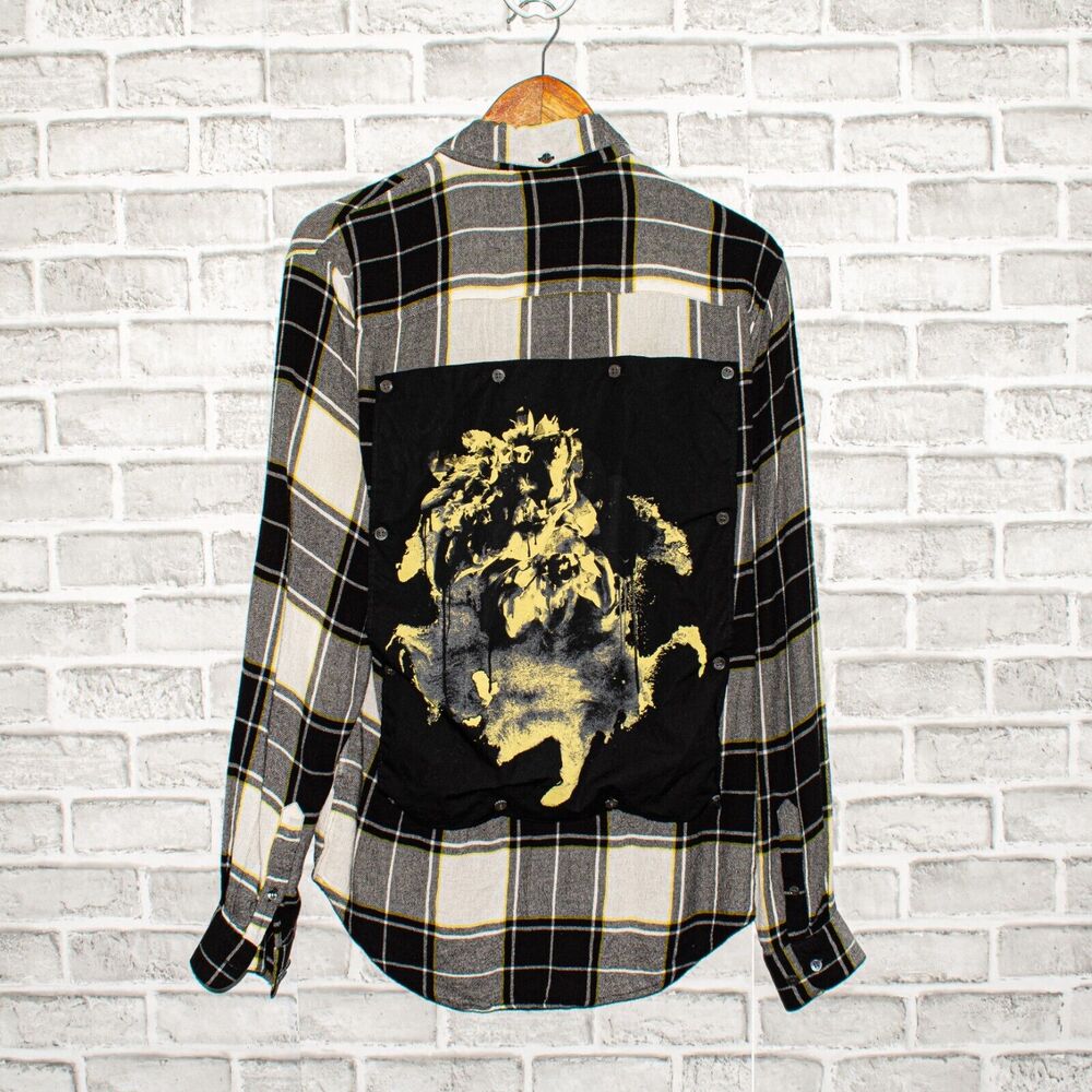 Public School NY Art Patch Button up Shirt Gray Plaid Size Small